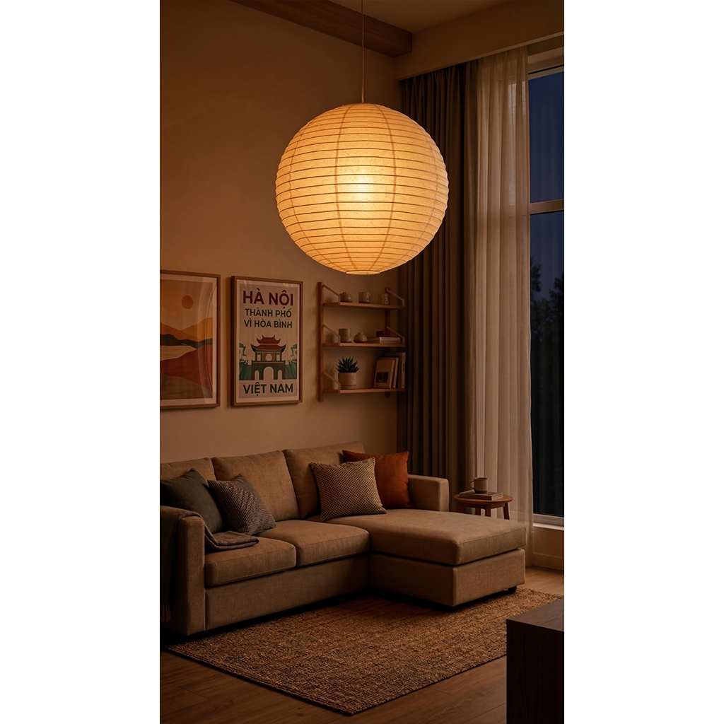 (CÓ SẴN) Đèn Thả Trần Noguchi (GIẤY TRẮNG, GÂN DÀY) Phong Cách Nhật Bản, Đèn Treo Thả Trần Ấm Áp