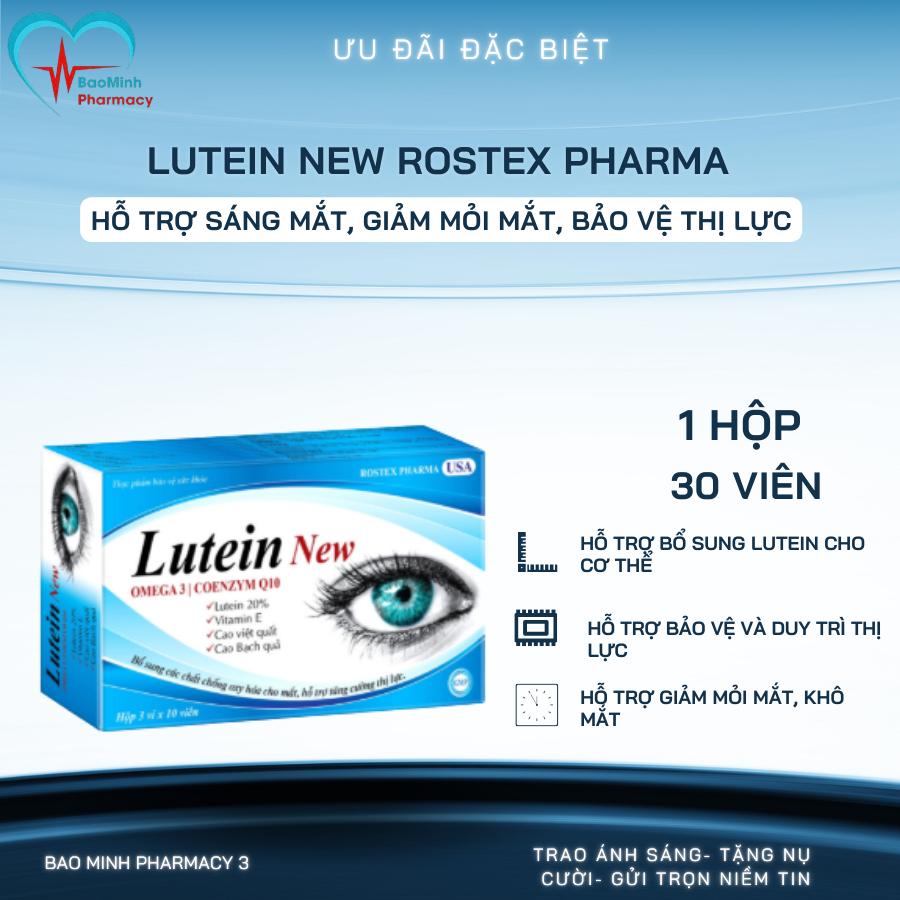 Lutein New Rostex Pharma Hộp 30 Viên – Hỗ Trợ Sáng Mắt, Giảm Mỏi Mắt, Bảo Vệ Thị Lực