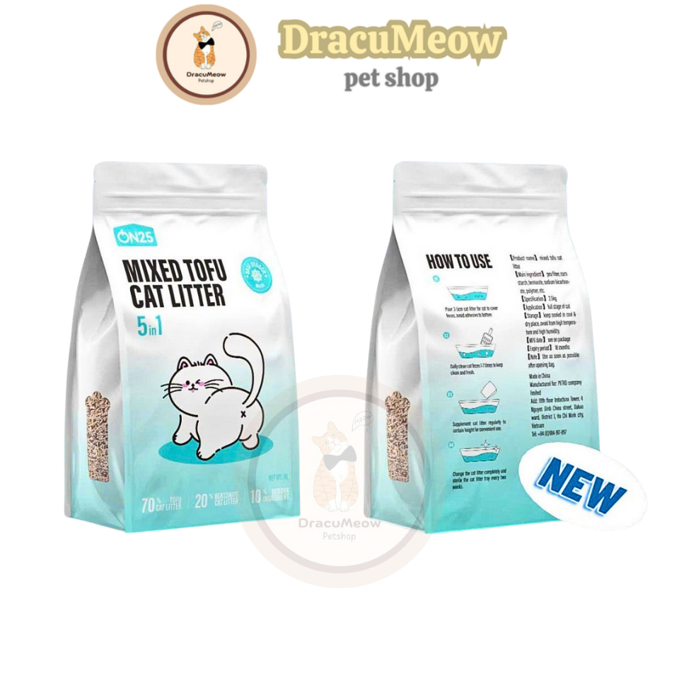 Cát vệ sinh ON25 MIXED TOFU 5in1 cho mèo đậu nành mix khoáng sét 2,5kg (Catson/Cat's On) khử mùi