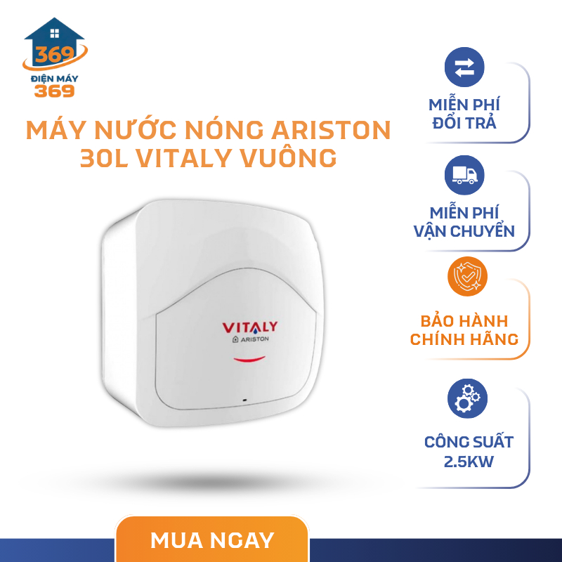 Máy Nước Nóng ARISTON 30L Vitaly Vuông, Dung Tích Lớn 30L, Chuẩn Ý, Tiết Kiệm Năng Lượng - SMC