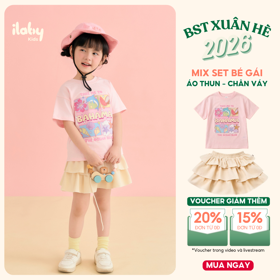 Set bộ bé gái ILABY áo thun cotton co giãn và chân váy xòe tầng xinh xắn size 9-40kg [3890+3349]