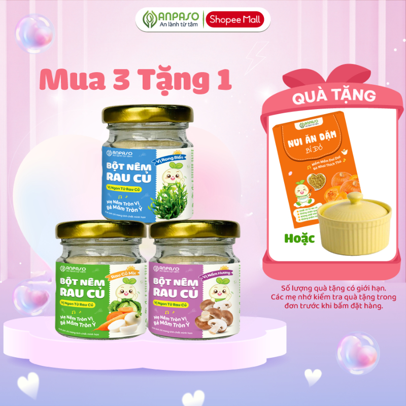 Combo 3 Bột Nêm Ăn Dặm Anpaso Cho Bé: Rau Củ, Nấm Hương, Cà Rốt, Măng Tây, Cải Bó Xôi và Rong Biển 60g