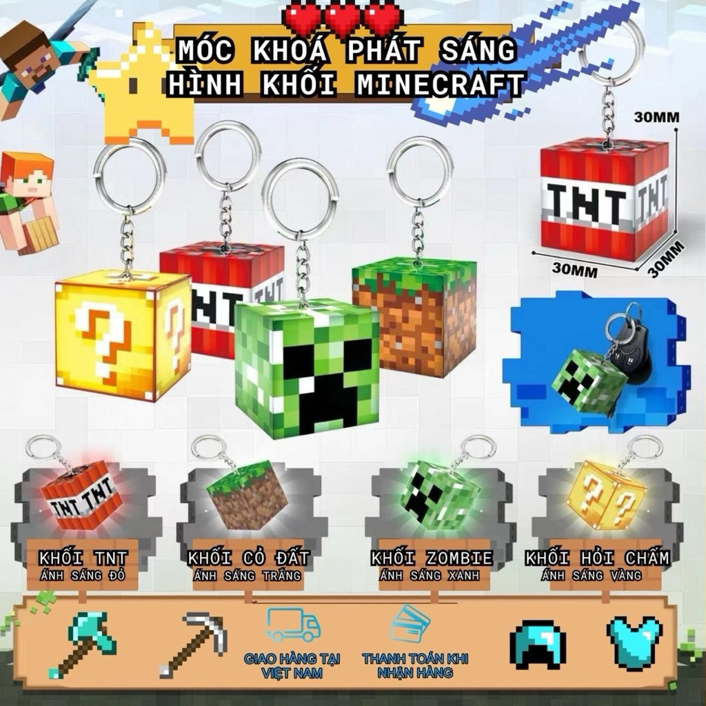 Móc Khóa Minecraft Phát Sáng | Creeper TNT Diamond Sword Quà Tặng Game