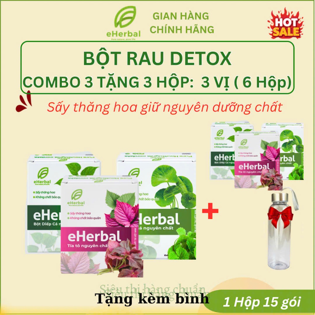 [Combo 3 Tặng 3] 3 Vị Bột rau Detox Rau má, Diếp Cá, Tía tô Eherbal +Tặng bình