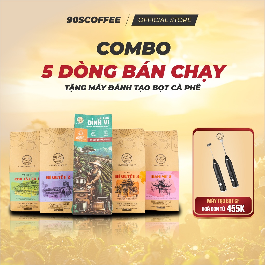 Combo 5 Gói Cà Phê Nguyên Chất Rang Mộc - Tặng Máy Đánh Tạo Bọt Cà Phê | 90S COFFEE
