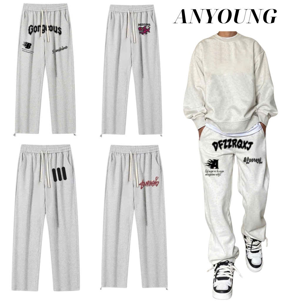 ANYOUNG Quần Nỉ Ống Suông Nam 2 Da ANYOUNG–Họa Tiết In Hình Xịn Thể Thao Form Rộng Unisex QD329 Màu 