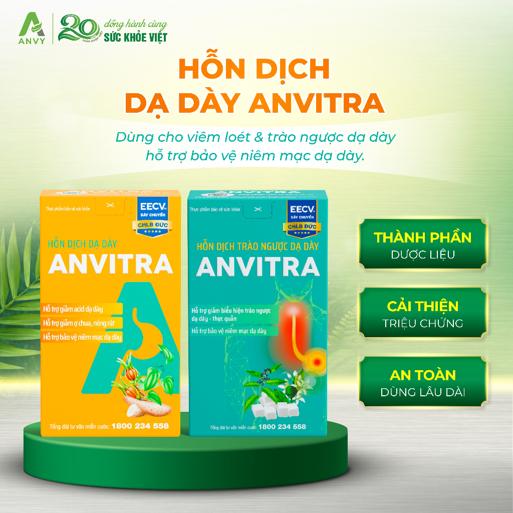 Anvitra - Hỗn Dịch Từ Thảo Dược Dành Cho Người Viêm Loét & Trào Ngược Dạ Dày, Đau Dạ Dày, Hộp 15 gói x 15ml