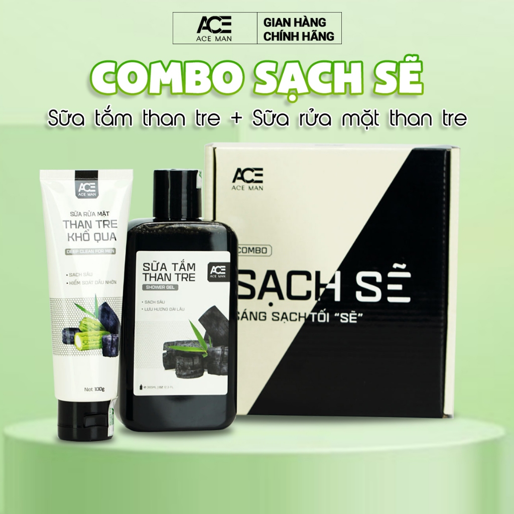 Combo Sạch sẽ ACEMAN Gồm 1 chai Sữa tắm than tre & Sữa rửa mặt than tre khổ qua cho nam