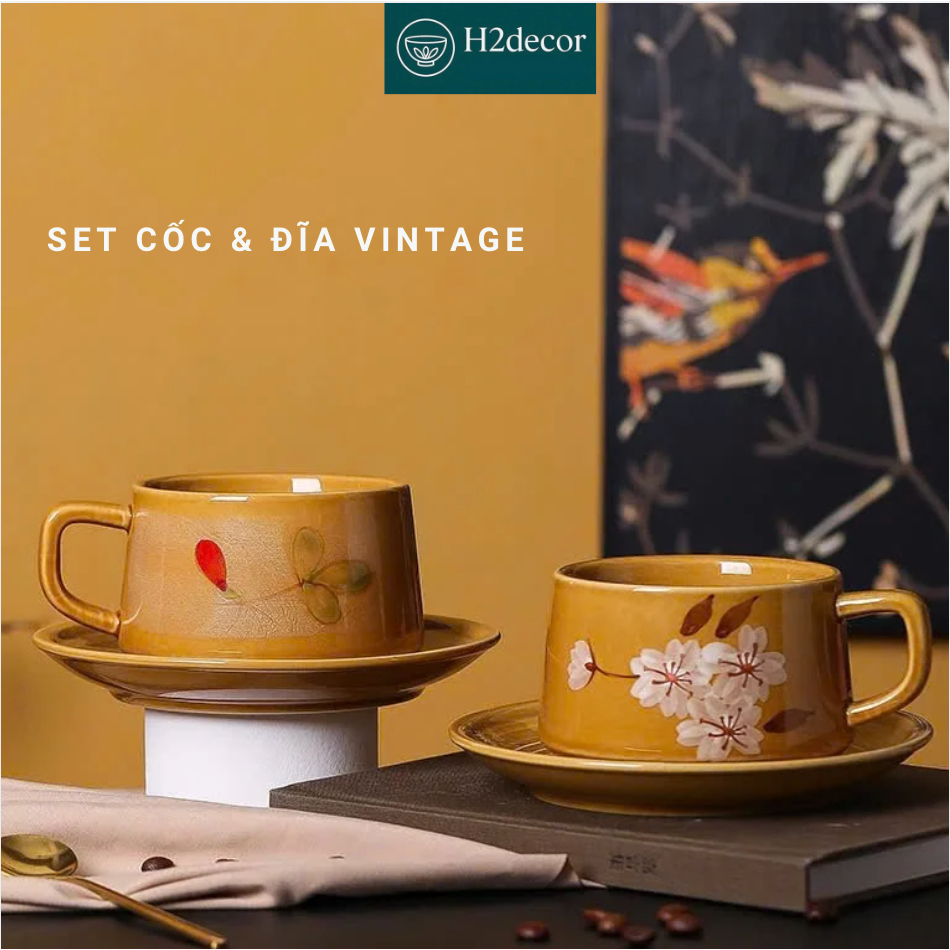 Set Cốc Gốm Sứ Kèm Đĩa Lót Phong Cách Vintage – Ly Cà Phê  Họa Tiết Hoa Cao Cấp H2Decor