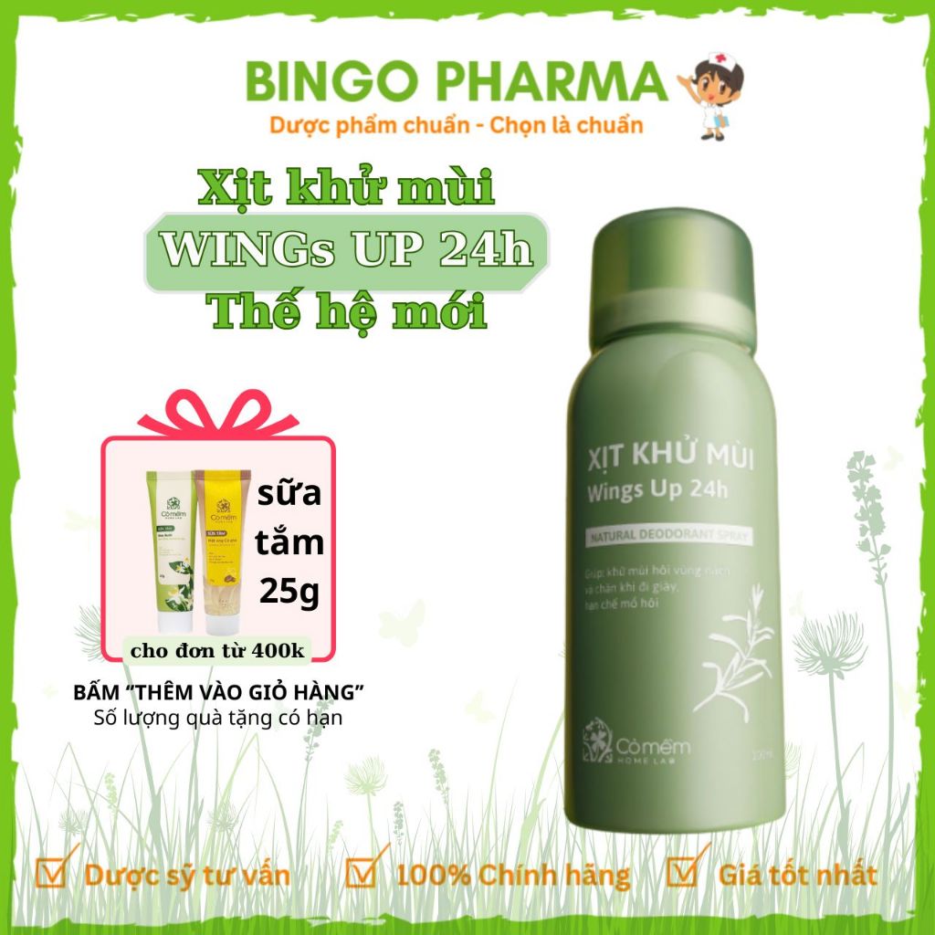 Xịt khử mùi Wings up 24h Natural deodorant spray từ Cỏ mềm chai 100ml, khử mùi, ngăn tiết mồ hôi