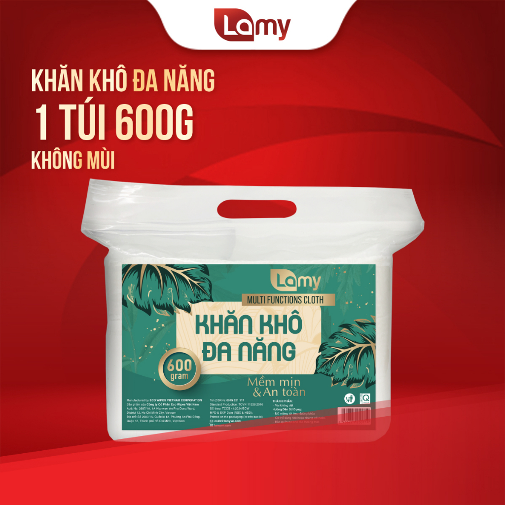 Khăn khô đa năng cho bé Lamy 600g  cao cấp 500 tờ không mùi dịu nhẹ cho da nhạy cảm