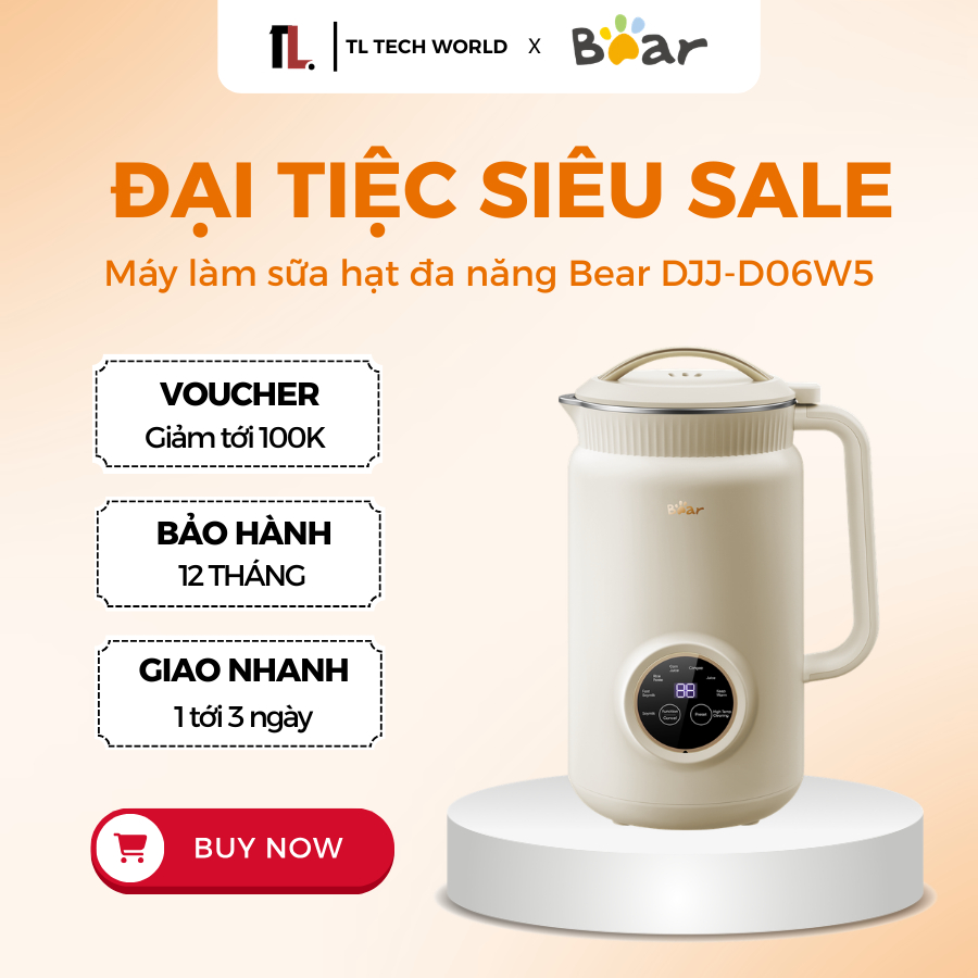 Máy Làm Sữa Hạt Đa Năng Bear DJJ-D06W5 - Dung tích 1L, 800W, 8 Chế Độ Nấu- BH 18 Tháng-TL Tech World