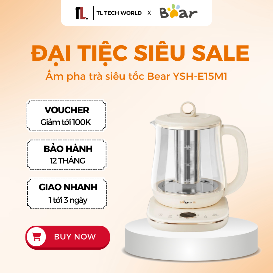 Ấm Pha Trà Siêu Tốc Bear YSH-E15M1 - 1.5L, 800W - Giữ Nhiệt Lâu, Lõi Inox -BH 18 Tháng-TL Tech World