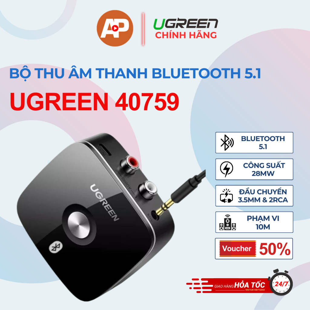 Bộ thu âm thanh Bluetooth 5.1 UGREEN 40759 (có aptX HD, AAC) cho Loa, Amply cao cấp