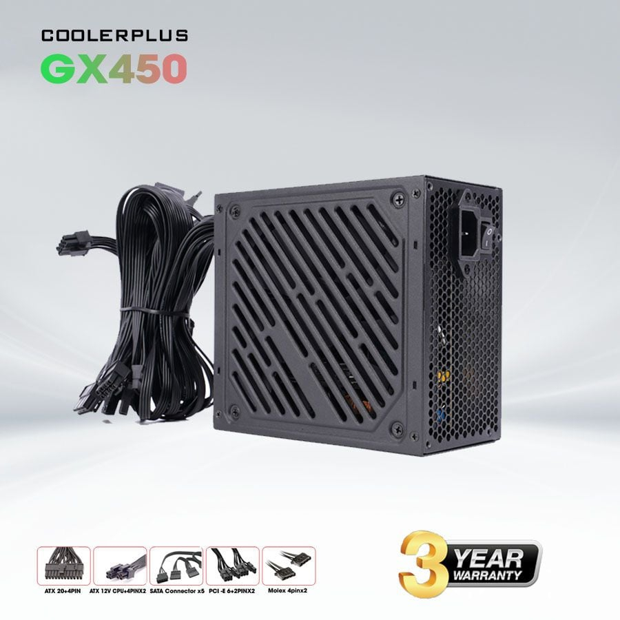 Nguồn Coolerplus GX450 450W – PSU PC Công Suất Thực, Fan 14cm, Hỗ Trợ VGA 6+2 Pin,Bảo Vệ OVP/UVP/SCP