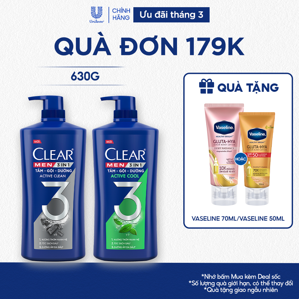 Dầu Tắm - Gội - Dưỡng Mát Lạnh 3 trong 1 cho nam Clear Men Active 630g