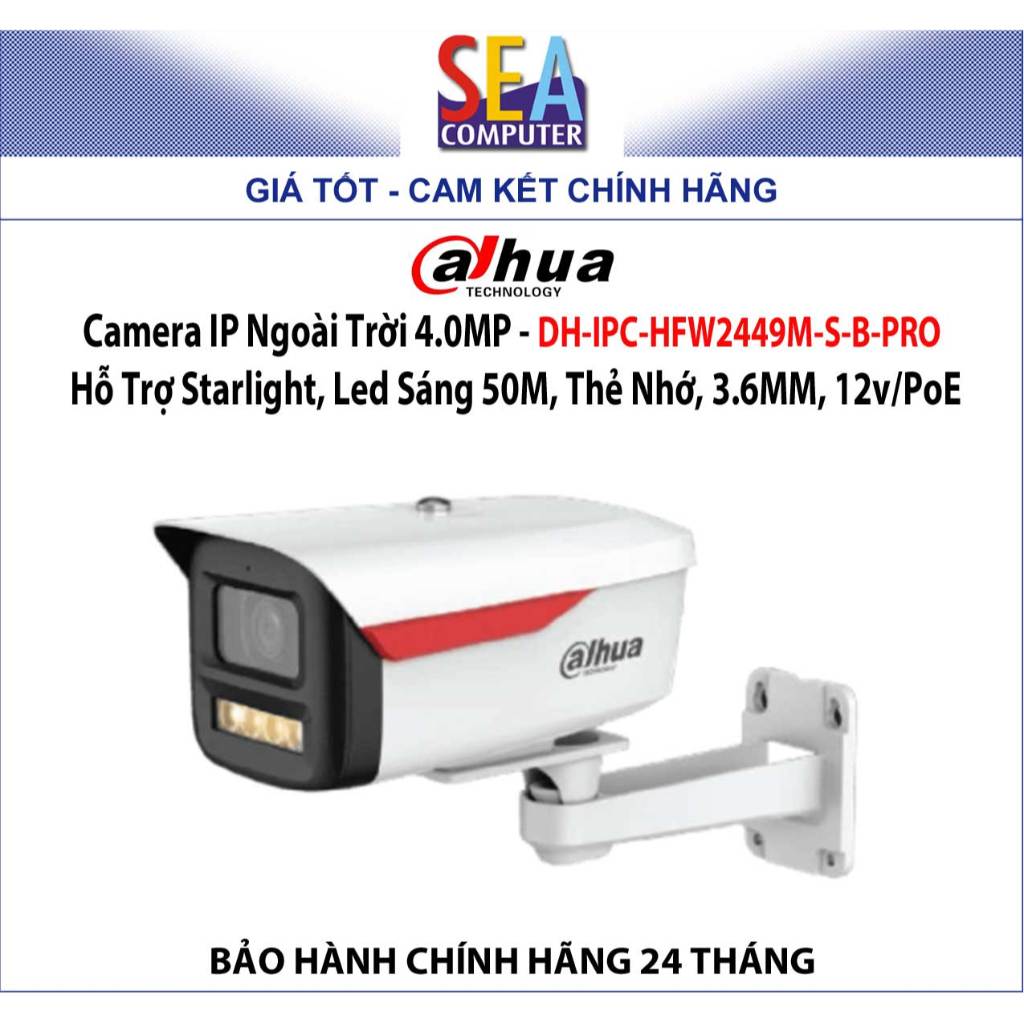 Camera IP Dahua Ngoài Trời 4MP - Hỗ Trợ Starlight, Led Sáng 50M, Thẻ Nhớ - DH-IPC-HFW2449M-S-B-PRO