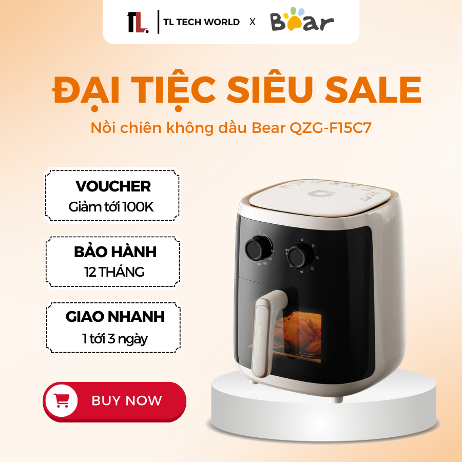 Nồi Chiên Không Dầu Bear QZG-F15C7 - 1500W, Chín Đều, Chống Dính Tốt - BH 18 Tháng - TL Tech World