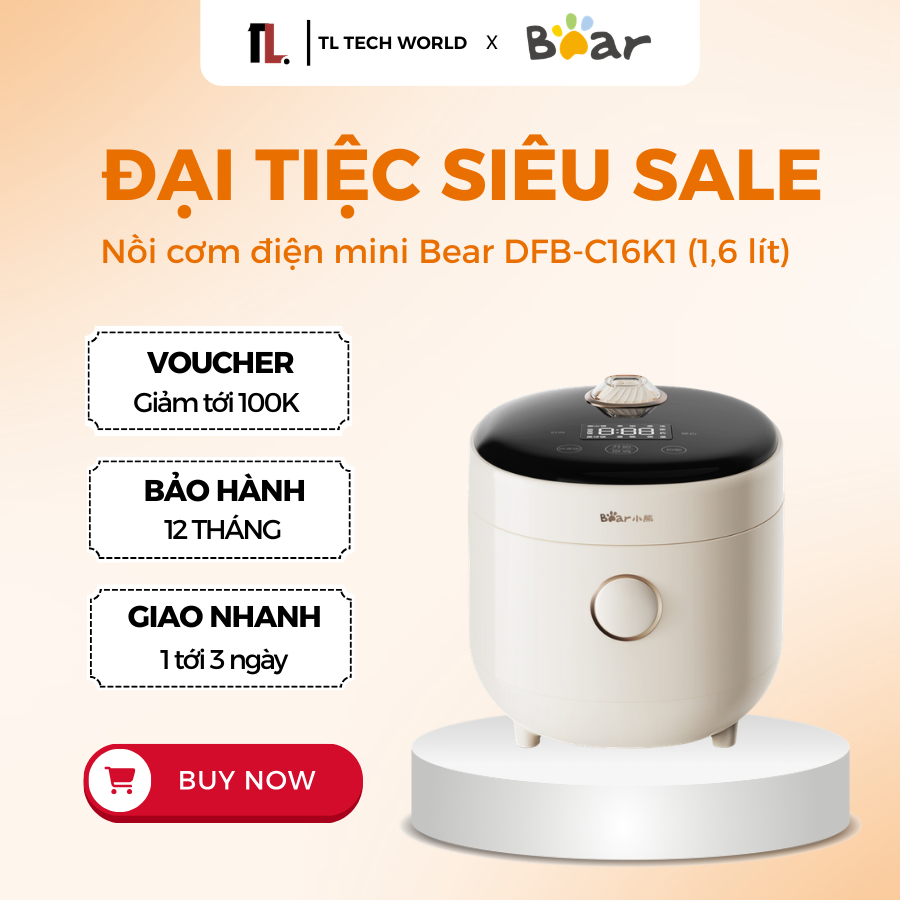 Nồi Cơm Điện Bear DFB-C16K1 - Dung tích 1.6L, Cảm Ứng 8 Chức Năng - BH 18 Tháng - TL Tech World