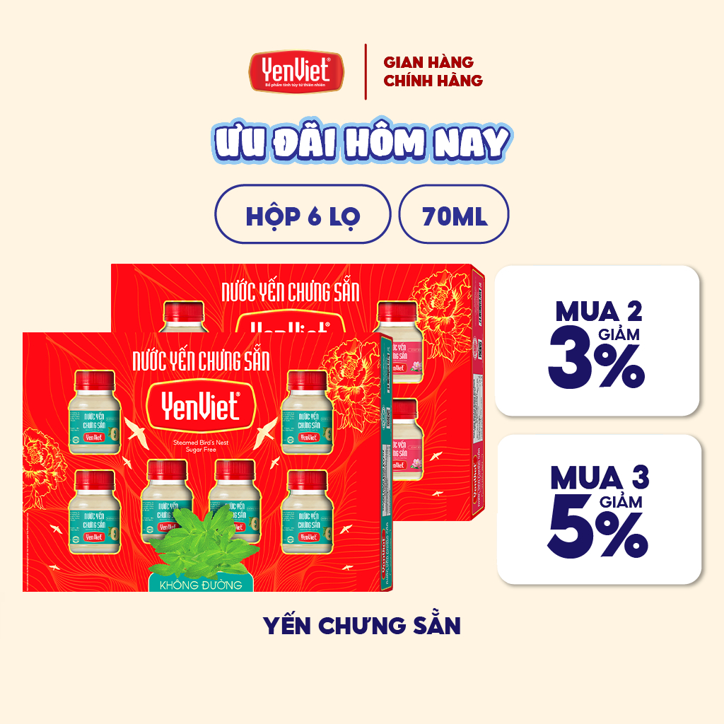 Kèm túi giấy - Hộp quà tặng nước yến sào Yến Việt nguyên chất chưng sẵn cao cấp, nhiều vị 6 lọ x 70ml
