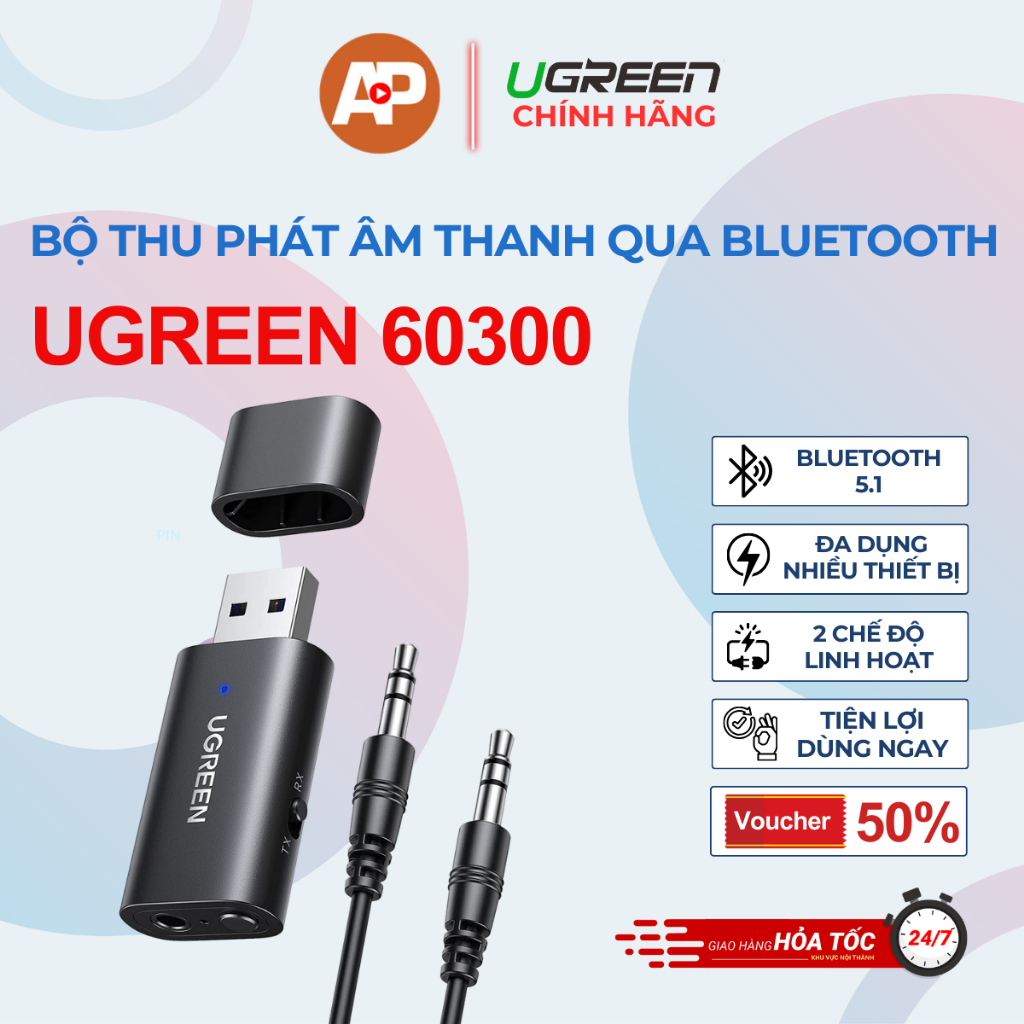 Bộ thu phát âm thanh qua bluetooth UGREEN 60300 – 2 chế độ TX và RX – Tương thích rộng, nhỏ gọn