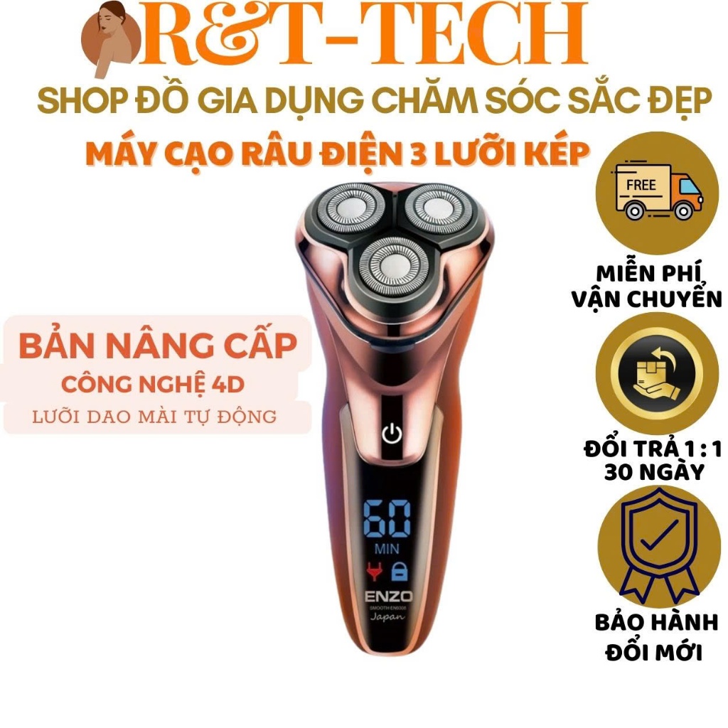 Máy cạo râu điện đa năng 3 lưỡi kép ENZO, màn hình LED hiển thị Pin, chống thấm nước, bảo hành 5 năm