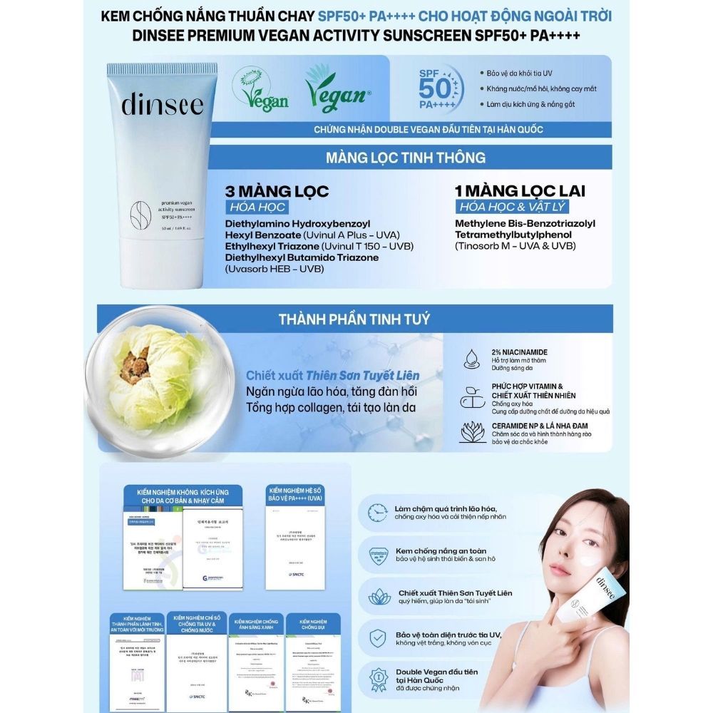 Ảnh 6 của Kem chống nắng Dinsee Premium Vegan Sunscreen SPF50+ PA++++ bảo vệ da, nâng tone.