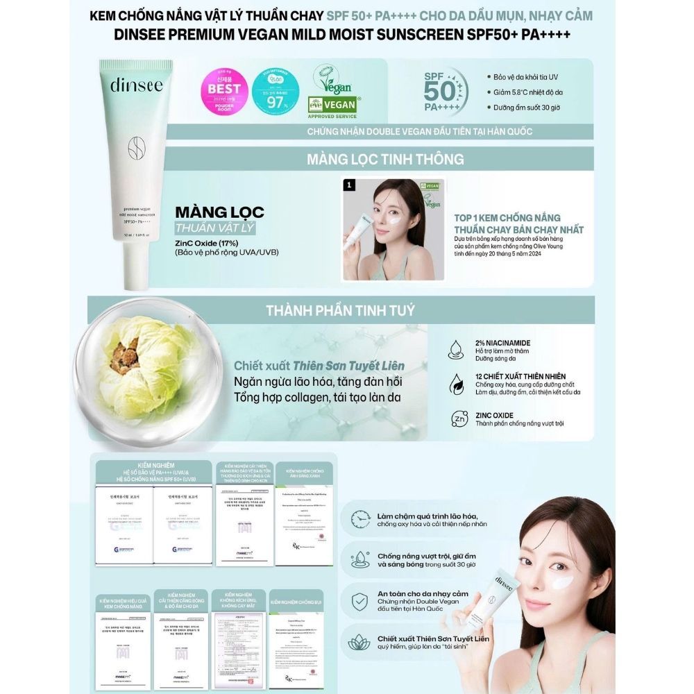 Ảnh 8 của Kem chống nắng Dinsee Premium Vegan Sunscreen SPF50+ PA++++ bảo vệ da, nâng tone.