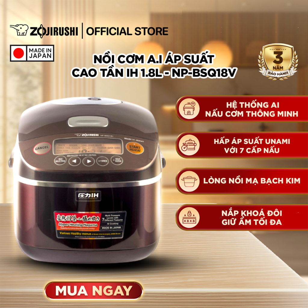 Nồi Cơm Điện Áp Suất Cao Tần Zojirushi Cao Cấp - Hệ Thống AI Thông Minh, Dung tích 1.8L, Chất Lượng 