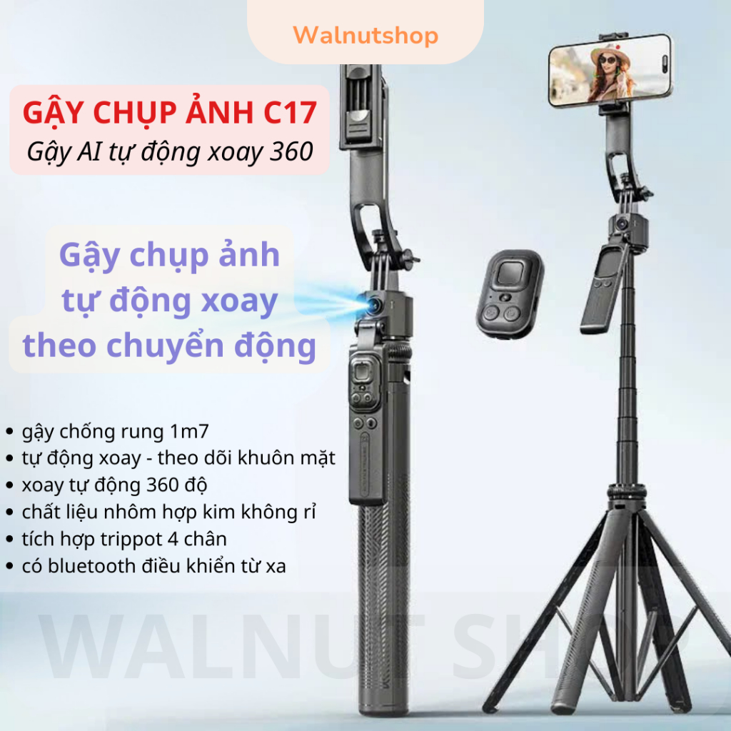 Gậy Chụp Ảnh AI Tracking C17 Xoay 360 - camera AI xoay theo di chuyển – Tripod 4 Chân, Bluetooth Rem