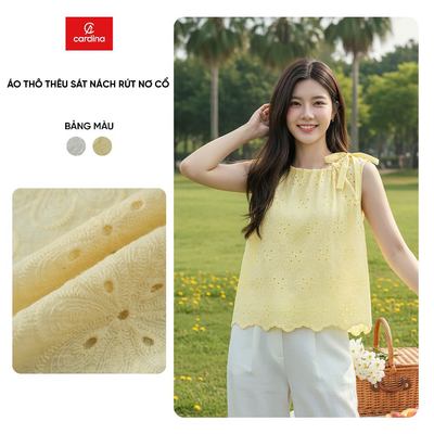 Áo kiểu nữ CARDINA chất liệu thô thêu sát nách rút nơ cổ 6AKS01