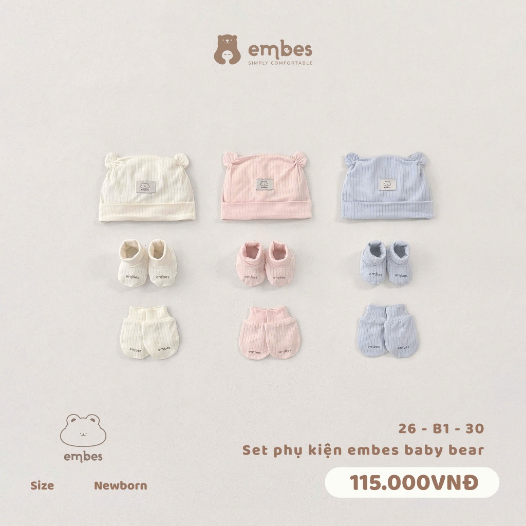 Phụ Kiện Sơ Sinh, Set 3 Món Mũ Kèm Bao Tay Bao Chân Chất Cotton Mềm Mại Cho Bé Sơ Sinh 0-6 Tháng