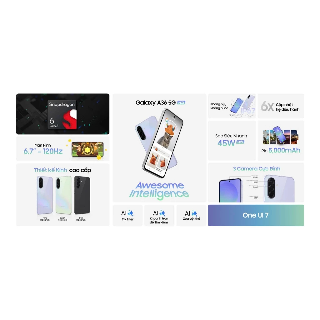 [DDV x Hannah] Điện thoại Samsung Galaxy A36 5G 8GB | 128GB, 6.7" - Chip Snapdragon 6 Gen 3 - 5000mAh, BH 2 năm | BigBuy360 - bigbuy360.vn