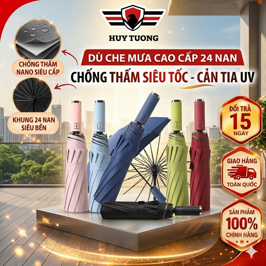 Ô Dù Che Mưa, Che Nắng 24 Nan Đóng Mở Tự Động Bằng Nút Bấm, Chống Tia UV Và Chống Thấm Nước, Tiện Lợi Gấp Gọn- Huy Tưởng