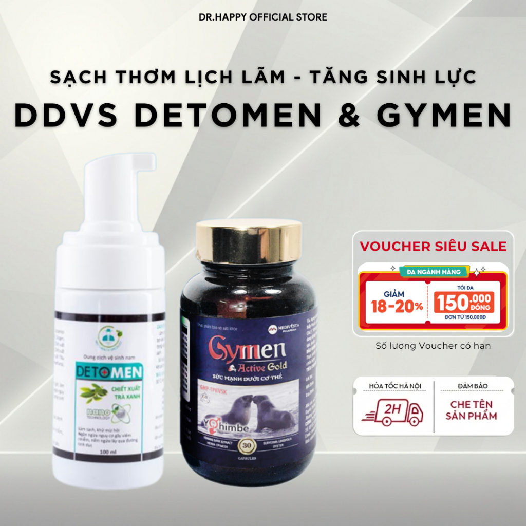 [CHE TÊN] Combo Tăng cường & Sạch thơm cho Nam giới Viên uống GYMEN + Dung dịch vệ sinh DETOMEN
