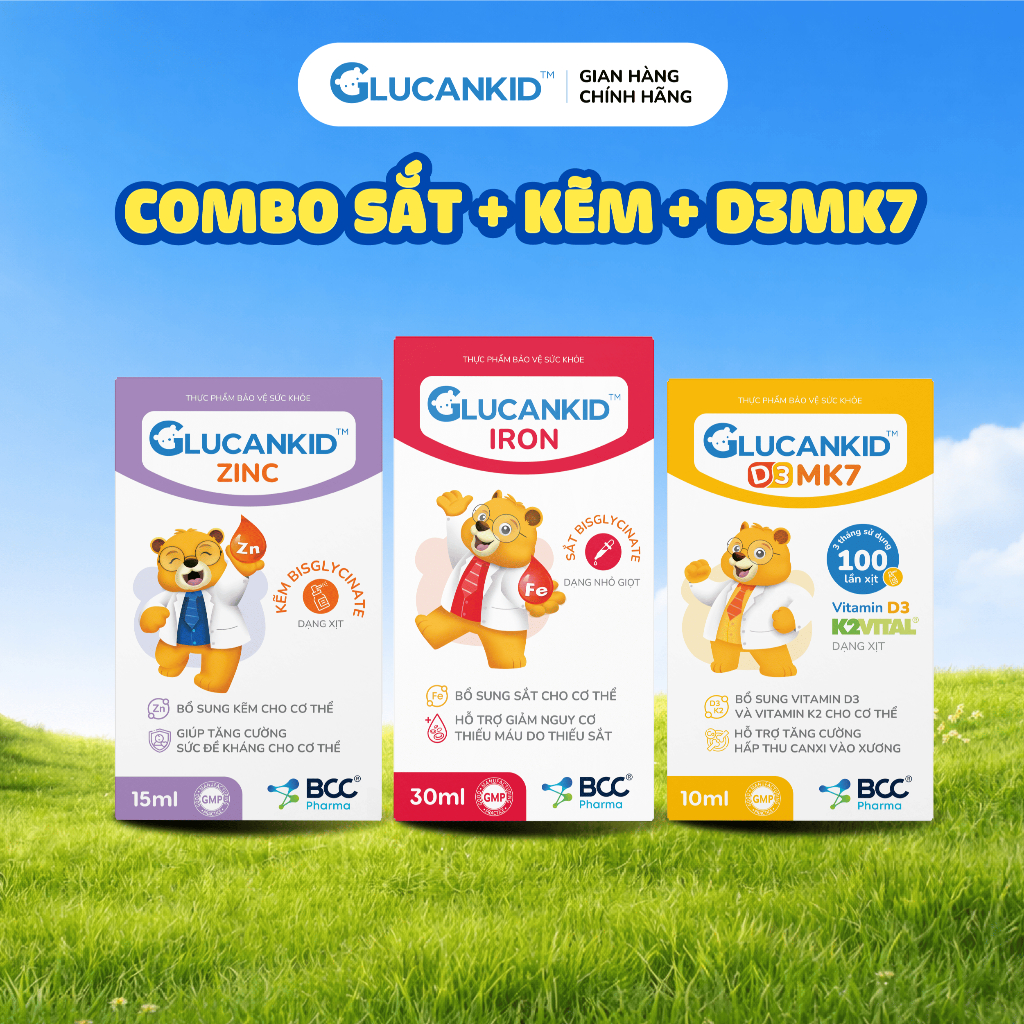 TPBVSK Glucankid (combo D3MK7 + Sắt + Kẽm) hỗ trợ bổ sung Vitamin D3 K2, hỗ trợ bổ sung sắt và kẽm, 