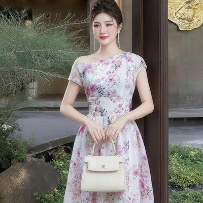 Đầm thiết kế voan hoa dáng dài lệch vai thời trang thanh lịch Callene (CC557)