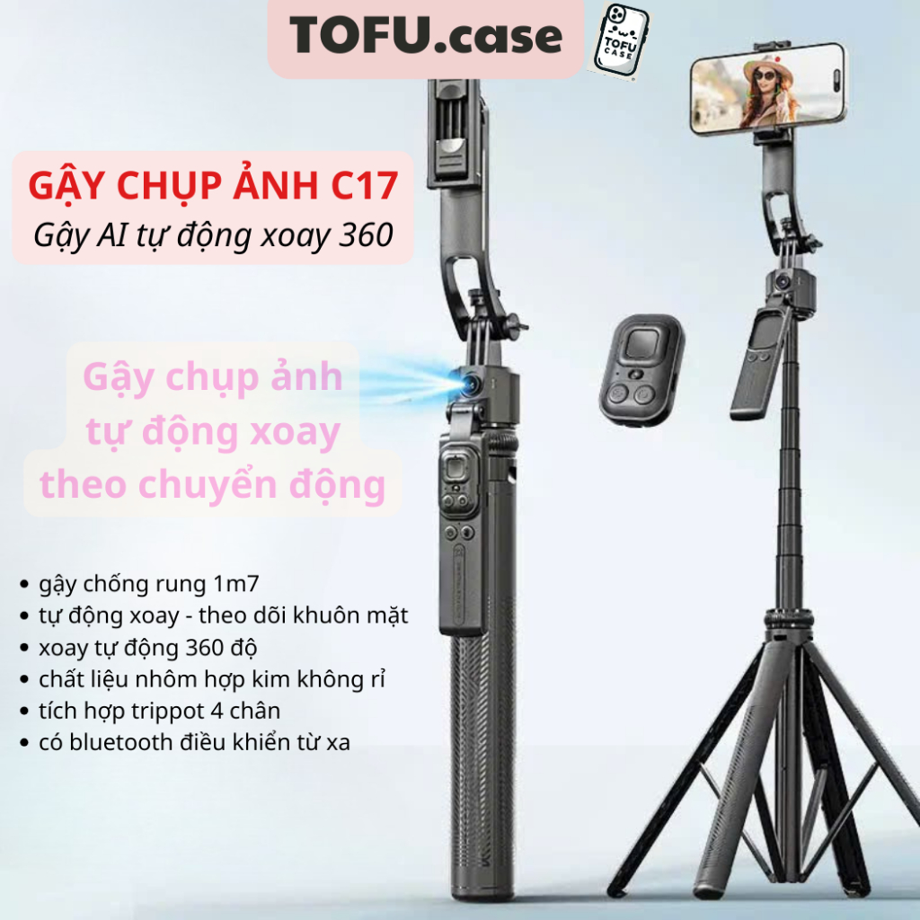 Tripod Selfie Stick C17 AI Auto Tracking – Gậy Quay Video Theo Chuyển Động 1.63m