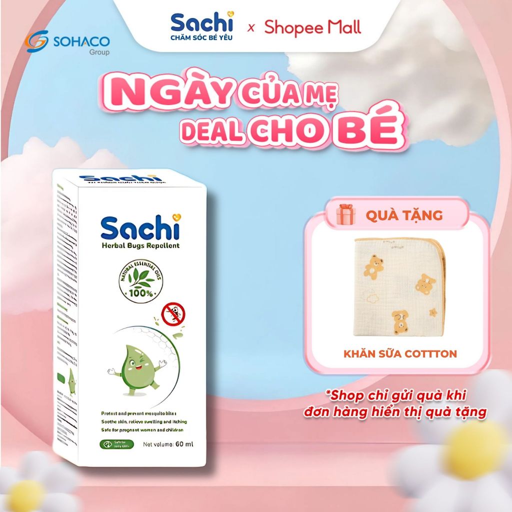 Xịt Chống Muỗi SACHI Thảo Dược An Toàn Lành Tính Chai 60ml Bảo Vệ Da Khỏi Muỗi An Toàn Cho Bé