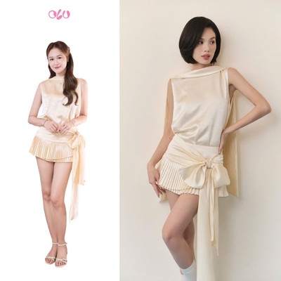 Set OLV áo và chân váy xếp ly lụa mềm mịn sang trọng Cream Satin Set phù hợp đi chơi