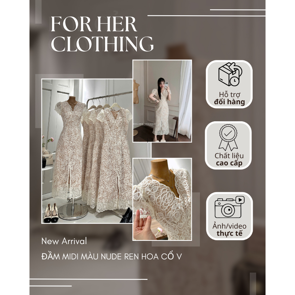 Đầm midi ren hoa cổ V màu nude FOR HER CLOTHING