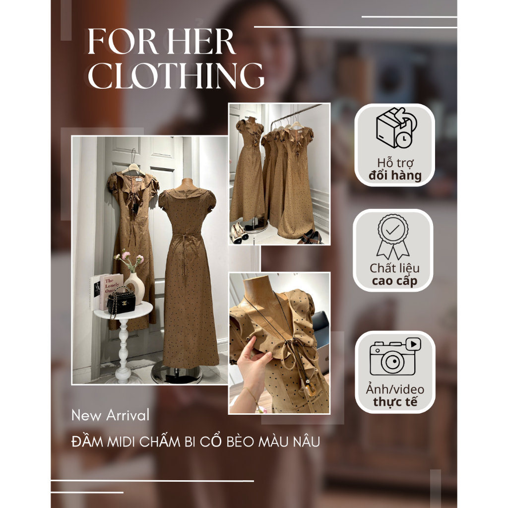 Đầm midi chấm bi cổ bèo màu nâu FOR HER CLOTHING