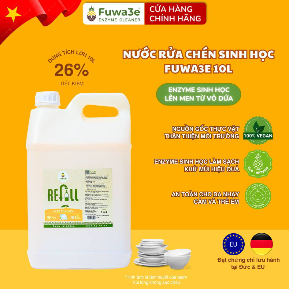 [Can 10L] Nước rửa chén hữu cơ enzyme sinh học dứa Fuwa3e 10L – an toàn da tay, tiết kiệm 30% nước