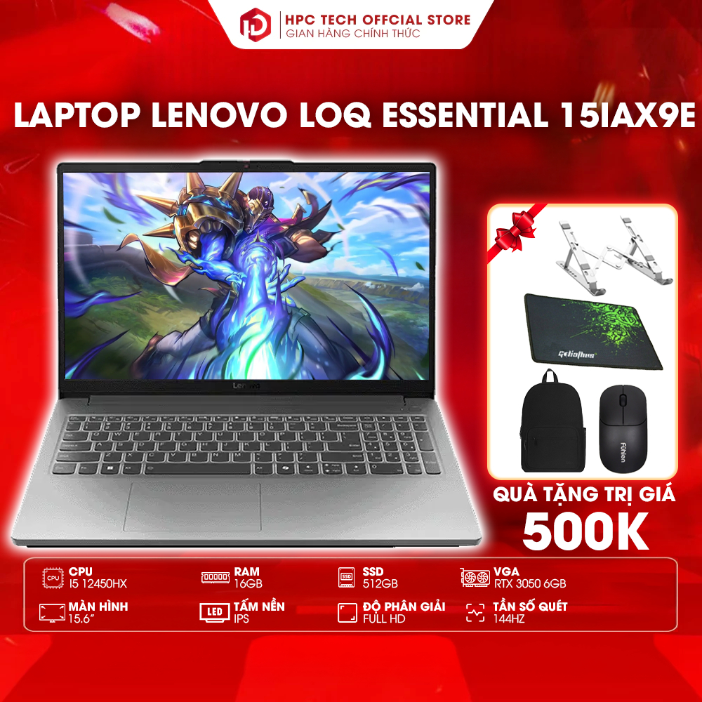 Laptop LENOVO LOQ Essential 15IAX9E Core I5 12450HX, 16GB, 512GB, RTX 3050 6GB, 15.6" FHD 144hz, W11