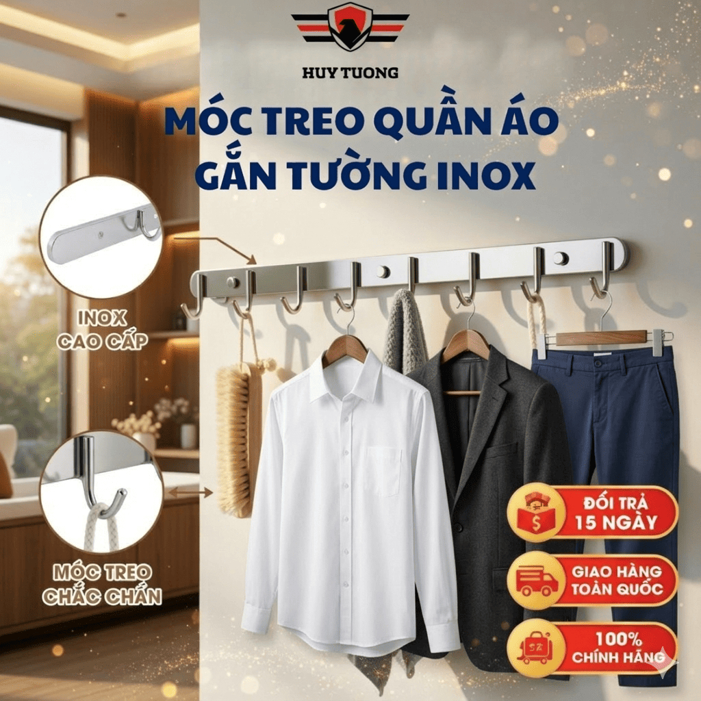 Móc Treo Tường Inox Huy Tưởng tặng KEO DÁN, Móc Treo Quần Ao Gắn Tường Inox từ 6 đến 10 mấu (tặng vít,tắc kê)