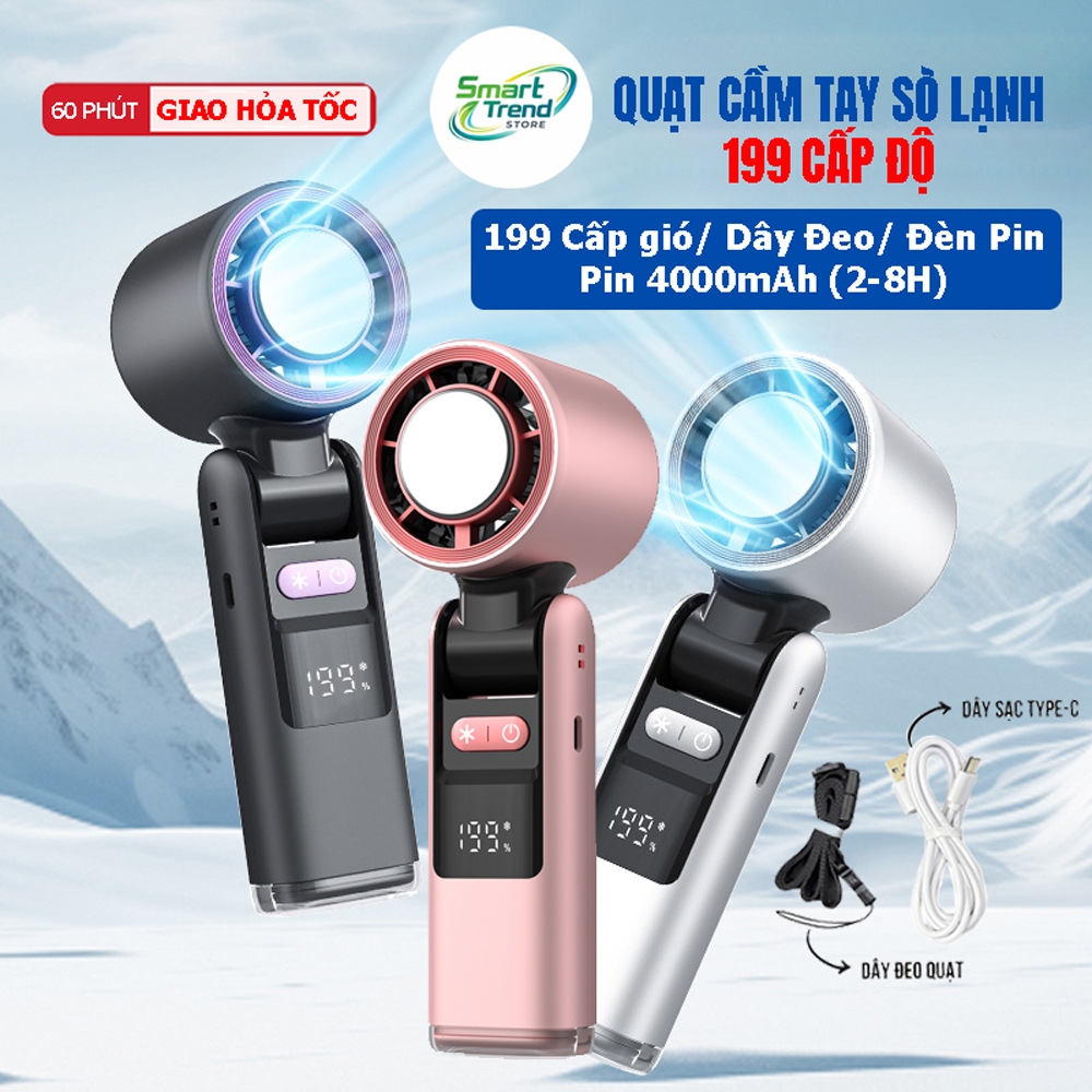 Quạt Cầm Tay Sò Lạnh K801/JF168 – 199 Cấp Độ Gió, Pin 4000mAh, Kèm Đèn Pin, Dây Đeo & Cáp Sạc