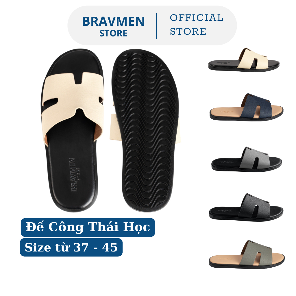 Dép da nam Công Thái Học Bravmen, đế trắng thủ công độc đáo, thiết kế chữ H chính hãng dáng mảnh K13