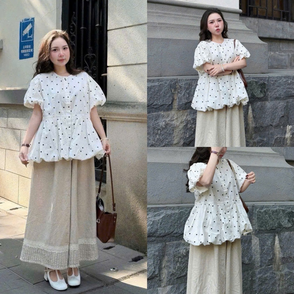 (Hàng Shop): Set Áo Đũi Bi Babydoll Mix Quần Thô Gấu Dập Ly Chất Đũi Nhăn Chuẩn Hàng Loại 1 -Ảnh Thậ