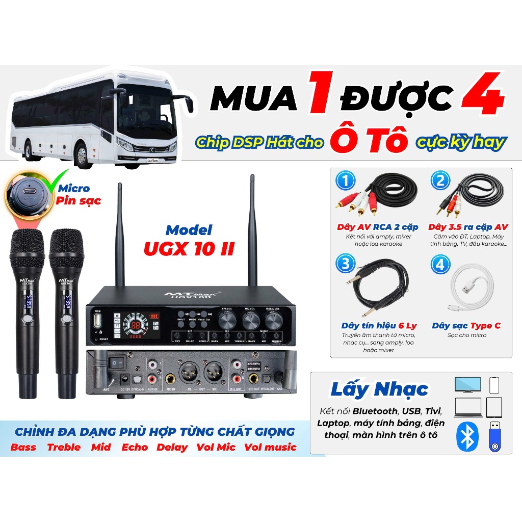 Micro Đầu Thu Nhỏ Chính Hãng MTMAX UGX10II  DSP Sóng UHF Chỉnh Echo,tone,volume...