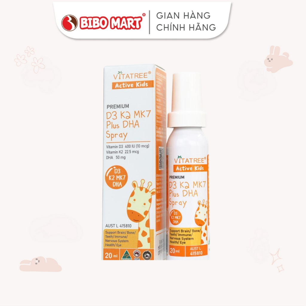 D3K2 MK7 Dạng Xịt Vitatree Kết Hợp DHA Giúp Xương Chắc Khỏe Tăng Cường Trí Não 20ml - Bibomart